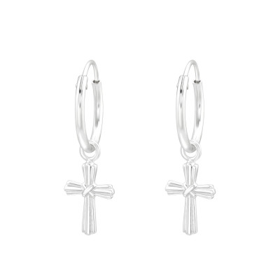 Silver Ear Hoops with Hanging Cross
