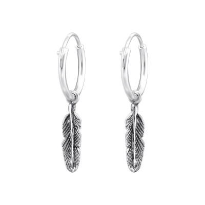 Silver Ear Hoops with Hanging Feather