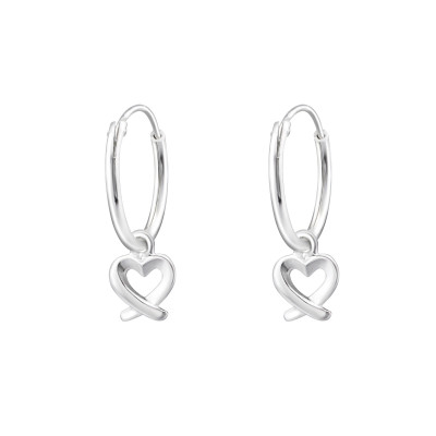 Silver Ear Hoops with Hanging Heart