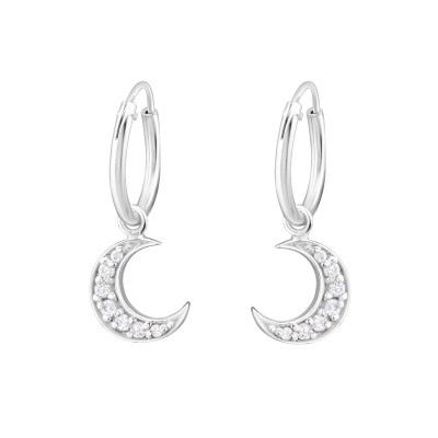 Silver Ear Hoops with Hanging Moon and Cubic Zirconia