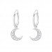 Silver Ear Hoops with Hanging Moon and Cubic Zirconia