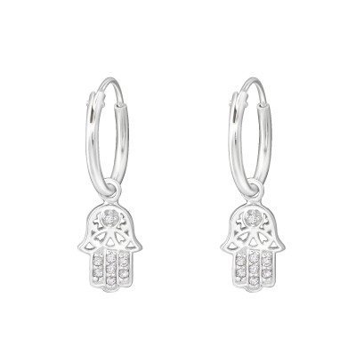 Silver Ear Hoops with Hanging Hamsa And Cubic Zirconia