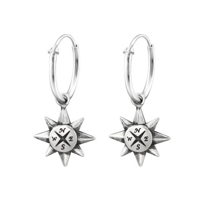 Silver Ear Hoops with Hanging Compass