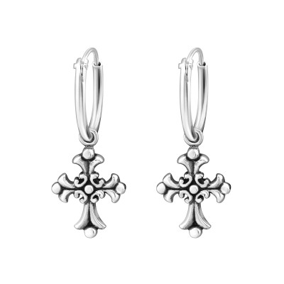 Silver Ear Hoops with Hanging Gothic Cross