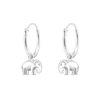 Silver Ear Hoops with Hanging Elephant