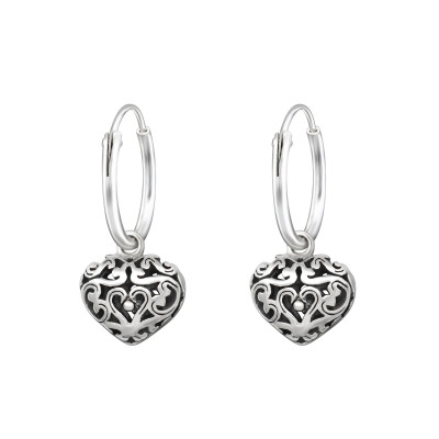 Silver Ear Hoops with Hanging Heart