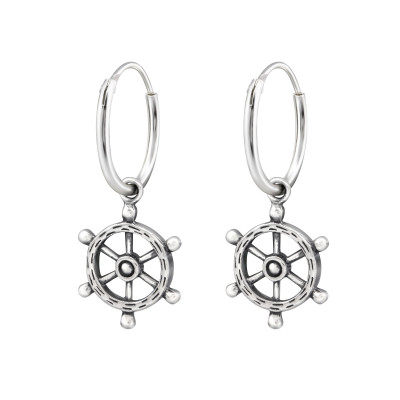 Silver Ear Hoops with Hanging Ship's Wheel