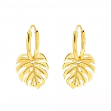 Silver Ear Hoops with Hanging Laser Cut Leaf