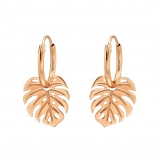Silver Ear Hoops with Hanging Laser Cut Leaf