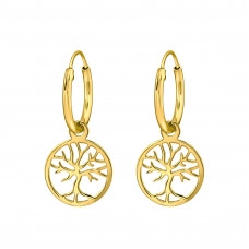 Hanging Tree Of Life Sterling Silver Gold Plated Ear Hoops