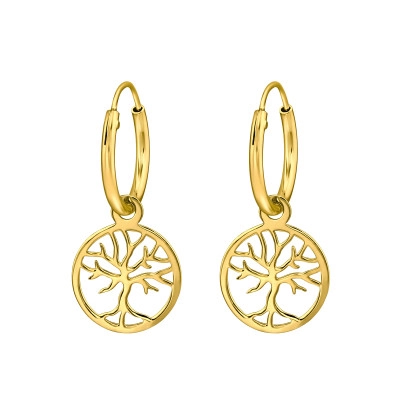 Hanging Tree Of Life Sterling Silver Gold Plated Ear Hoops