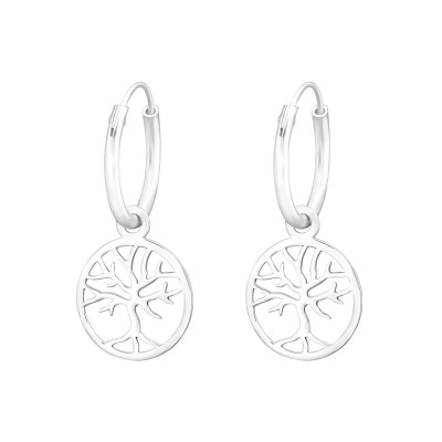 Silver Ear Hoops with Hanging Laser Cut Tree Of Life