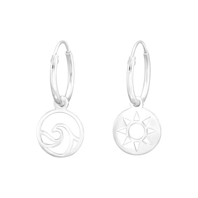 Silver Ear Hoops with Hanging Laser Cut Sun and Wave