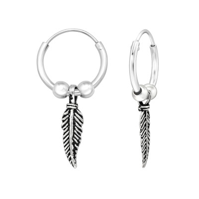 Silver Ear Hoops with Hanging Feather