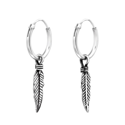 Silver Ear Hoops with Hanging Feather