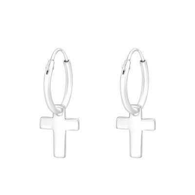 Silver Ear Hoops with Hanging Cross