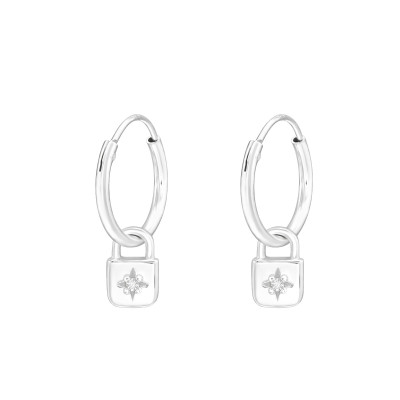 Silver Ear Hoops with Hanging Padlock and Cubic Zirconia