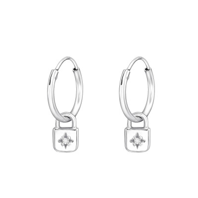 Silver Ear Hoops with Hanging Padlock and Cubic Zirconia