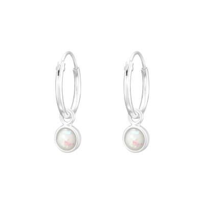 Silver Ear Hoops with Hanging Round imitation Opal