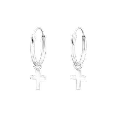 Silver Ear Hoops with Hanging Cross