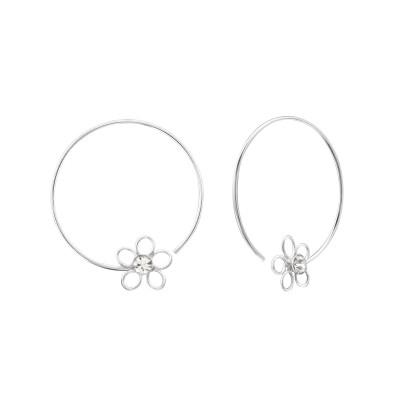 Silver Flower Ear Hoops with Crystal