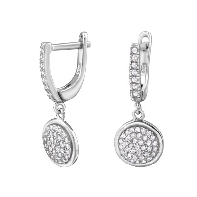 Hanging Round Sterling Silver Ear Hoops with Cubic Zirconia