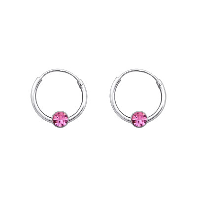 Silver Round Ear Hoops with Crystal