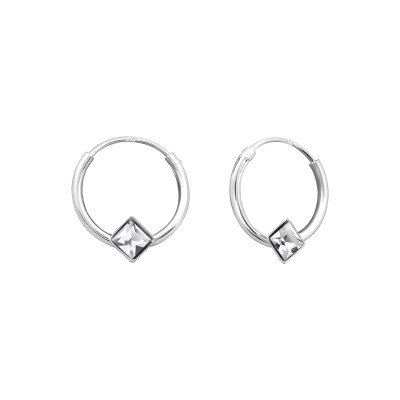 Silver Square Ear Hoops with Crystal