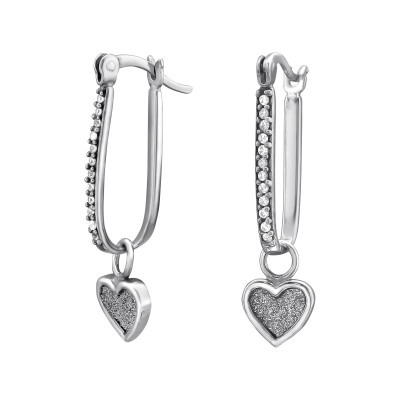 Silver Ear Hoops with Cubic Zirconia and Hanging Heart Glitter Inlay