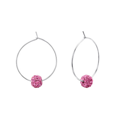 Silver Ear Hoops with Hanging Crystal Ball