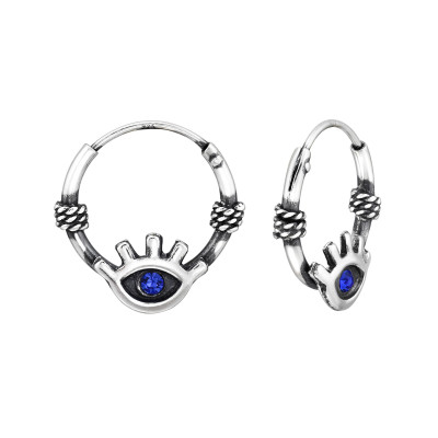 Evil Eye Sterling Silver Ear Hoops with Crystal