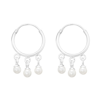 Silver Ear Hoops with Hanging Synthetic Pearls