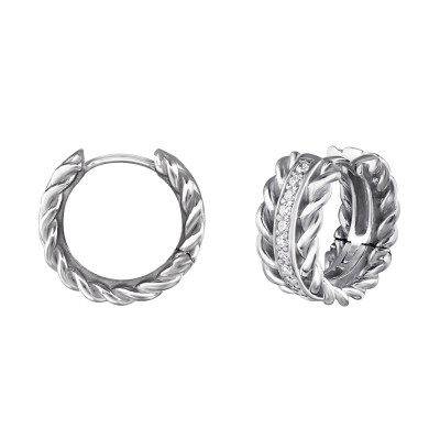 14mm Twisted Sterling Silver Ear Hoops with Cubic Zirconia