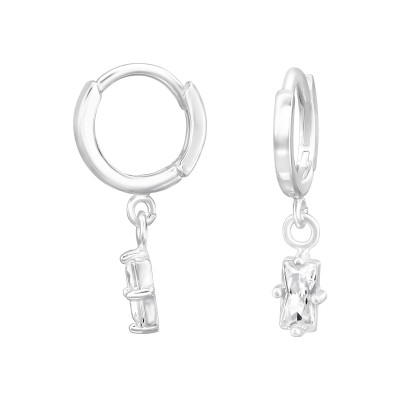 Sterling Silver Huggie Hoops with Dangling Baguette Shaped Cubic Zirconia