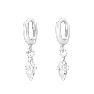 Silver Huggie Hoop Earrings with Hanging Marquise Cubic Zirconia