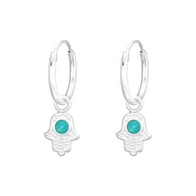 Silver Ear Hoops with Hanging Hamsa and Synthetic Opal