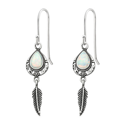 Silver Pear Earrings with Opal and Hanging Feather 