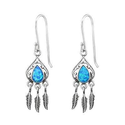 Silver Pear Earring with Hanging Feather and Opal