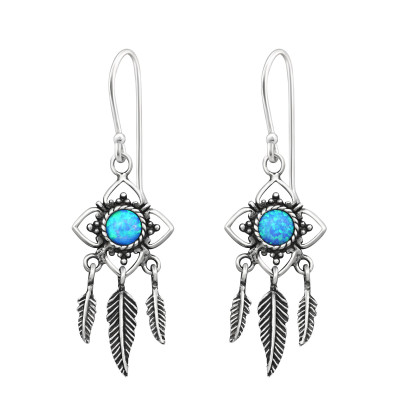 Silver Flower Earring with Hanging Feather and Opal