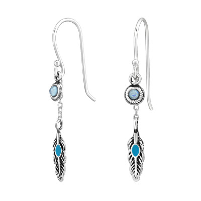 Feather Sterling Silver Earrings with Imitation Opal and Epoxy