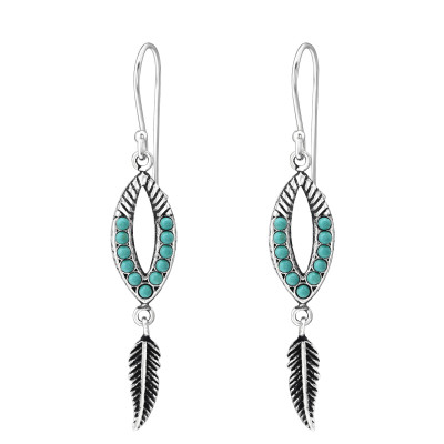 Silver Ethnic Earrings with Synthetic Pearl and Hanging Feather