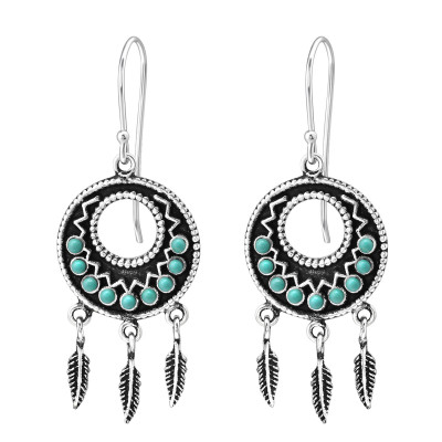 Silver Ethnic Earrings with Synthetic Pearl and Hanging Feather