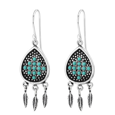 Silver Ethnic Earrings with Synthetic Pearl and Hanging Feather