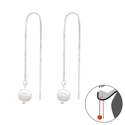 Silver Thread Through Round Earrings with Flash Watet Pearl