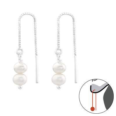 Silver Thread Through Earrings with Freshwater Pearl