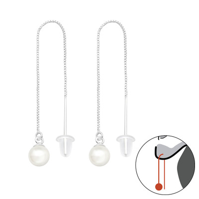 Silver Thread Through Round Earrings with Synthetic Pearl