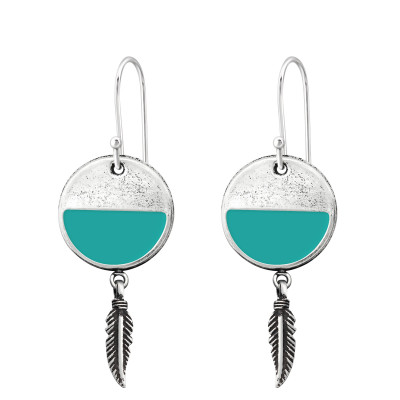 Silver Groovy Earring with Hanging Feather and Epoxy
