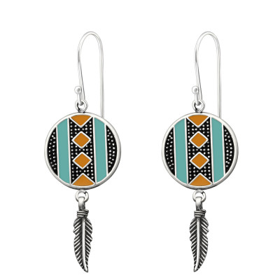 Silver Ethnic Earrings with Epoxy and Hanging Feather
