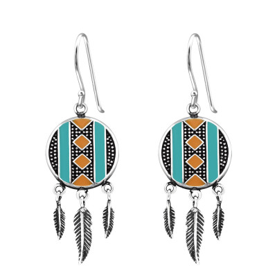 Silver Ethnic Earrings with Epoxy and Hanging Feather