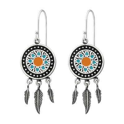 Silver Ethnic Earrings with Epoxy and Hanging Feather Sterling Silver Earrings with Epoxy